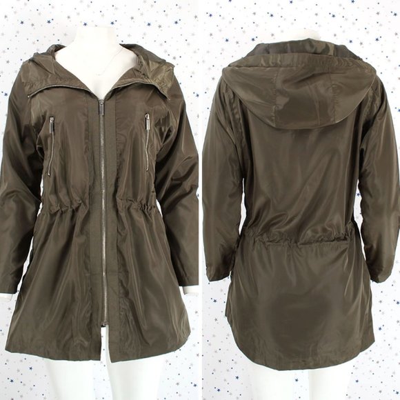 Jackets & Blazers - Hooded Zip Up Windbreaker Utility Jacket Olive